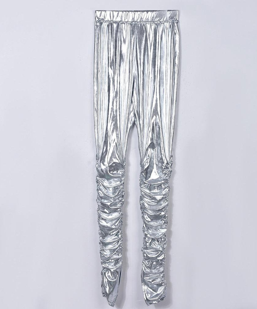 Two Piece Metallic Glossy Pleated Outfit - ForVanity pant outfit, women's outfits Pants Outfits