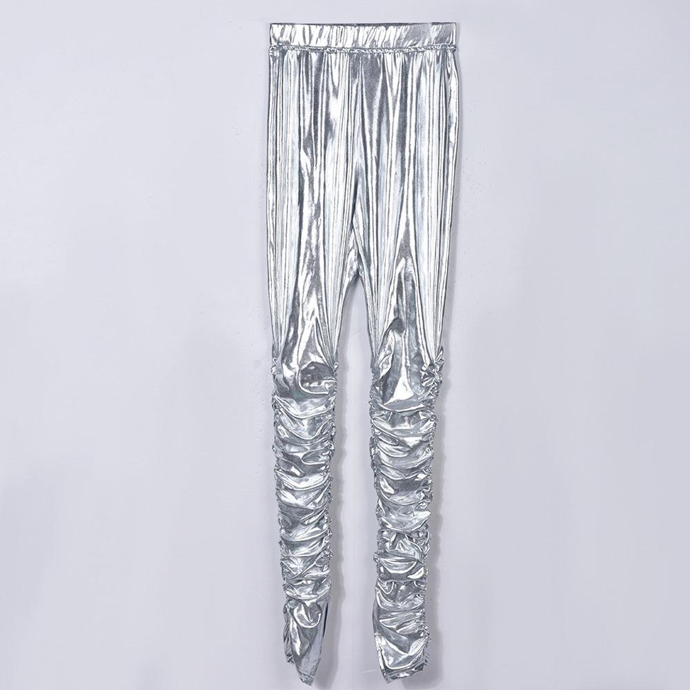 Two Piece Metallic Glossy Pleated Outfit - ForVanity pant outfit, women's outfits Pants Outfits