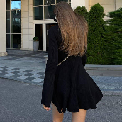 Long Sleeve Knitted Turtleneck Dress Solid Color A line Autumn Winter Hip Wrapped Short Dress