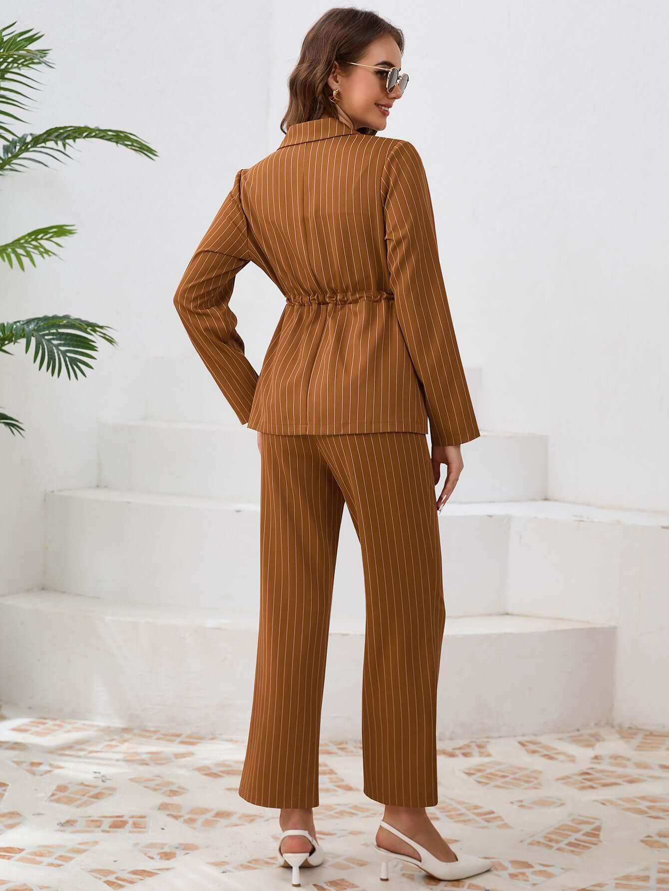 Women’s Striped Blazer & Straight Leg Trousers - Office Two-Piece Set - ForVanity women's clothing, women's outfits, women's suits Pant Suits