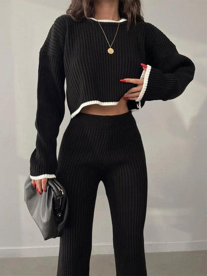 Autumn Winter Knitting Trousers Set round Neck Long Sleeve Short Sweater Color Contrast Patchwork Slit Knitted Two Piece Set for Women - ForVanity 