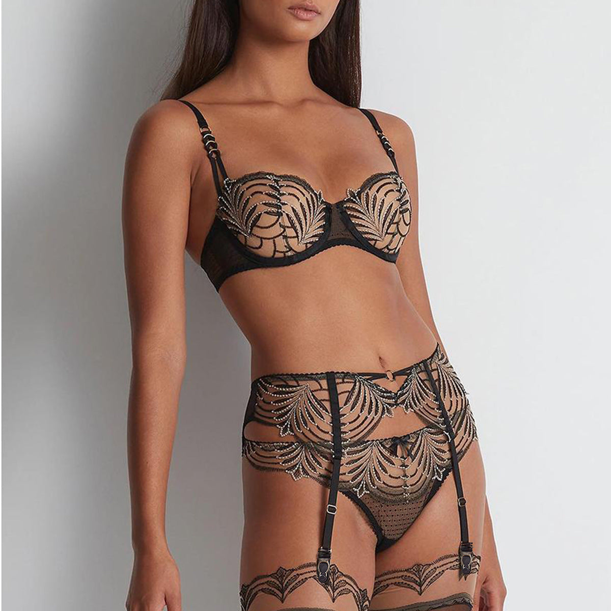 Four-Piece Embroidered Mesh Lingerie Set