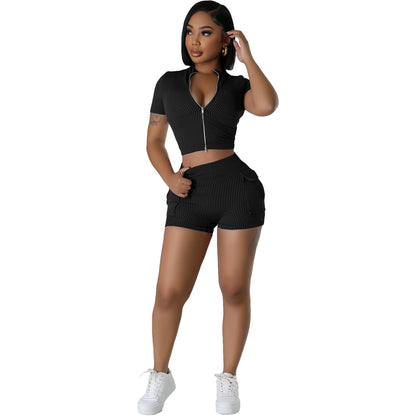 Women Two Way Zipper Casual Shorts Outfit