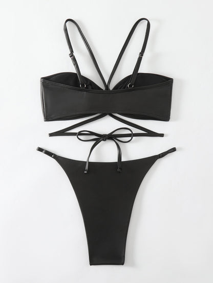 Boho Chic Solid Color Halter Bikini Swimsuit - Faux Leather, Ring Detail