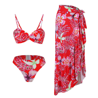 Retro Printed High Waist Bikini Skirt Three Piece Suit Tube Top Split Swimsuit