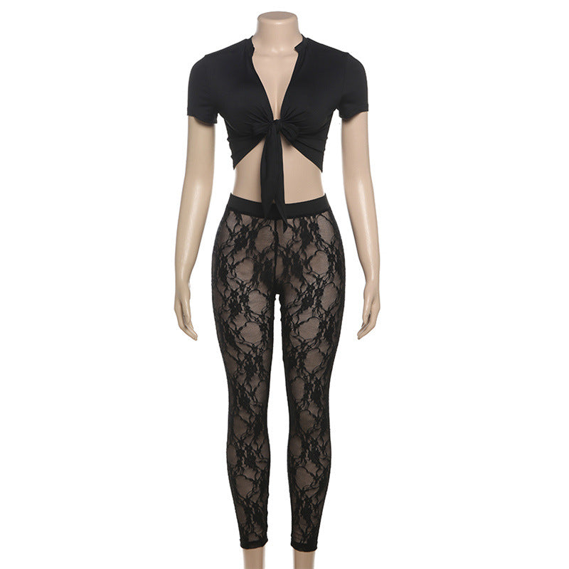 Summer Women Cropped Tied Top See Through Lace Pants Outfit