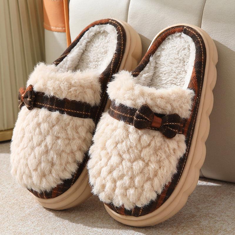 Winter Plush Slippers With Bow Button Design Indoor Non-slip Thick-soled Fur Home Slipper Fluffy Slides Household Warm Hose Shoes For Women - ForVanity SLIPPERS