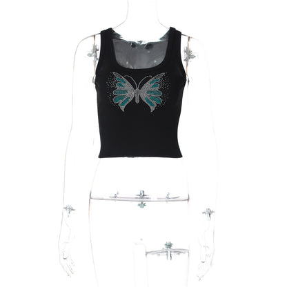 Summer Rhinestone Slim Fit Cropped Sleeveless Top