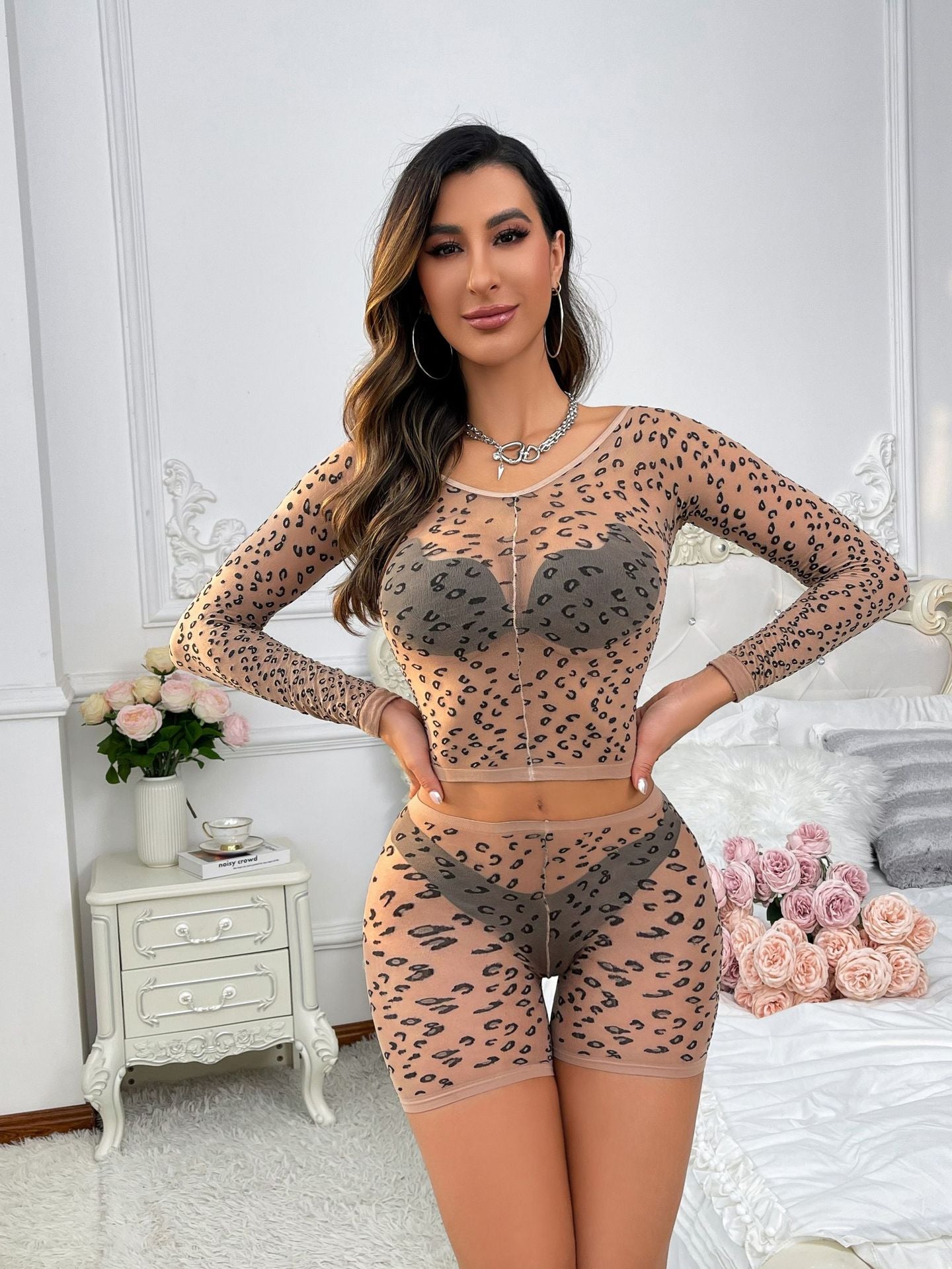 Skin Color Leopard Print Two-Piece Lingerie - ForVanity Sweet Dreams, women's lingerie SLEEP & LOUNGE