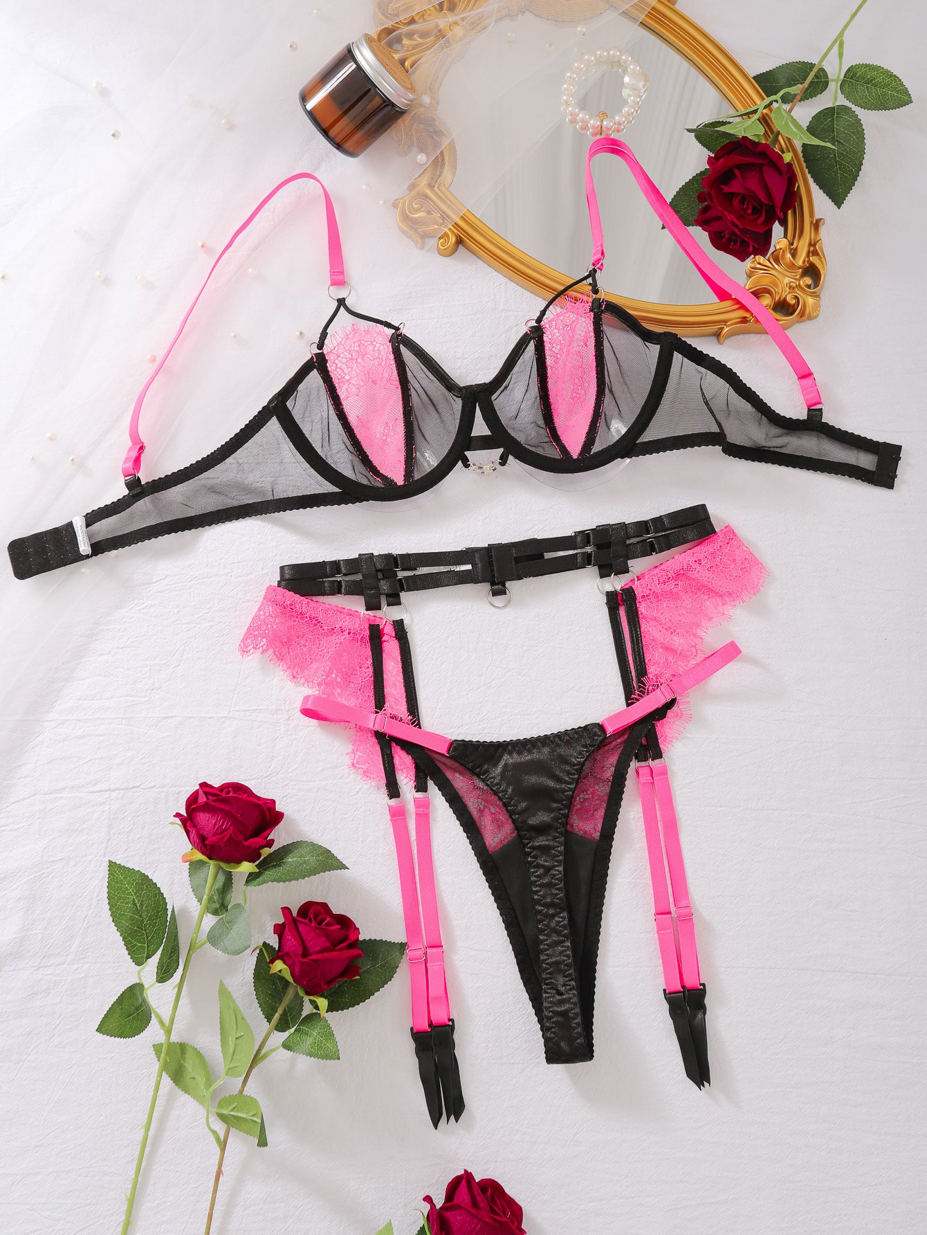 Playful Lace Stitching Mesh Lingerie Set