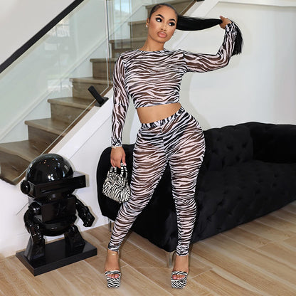 Striped Printed Long Sleeves Short Top Women Trousers Outfit