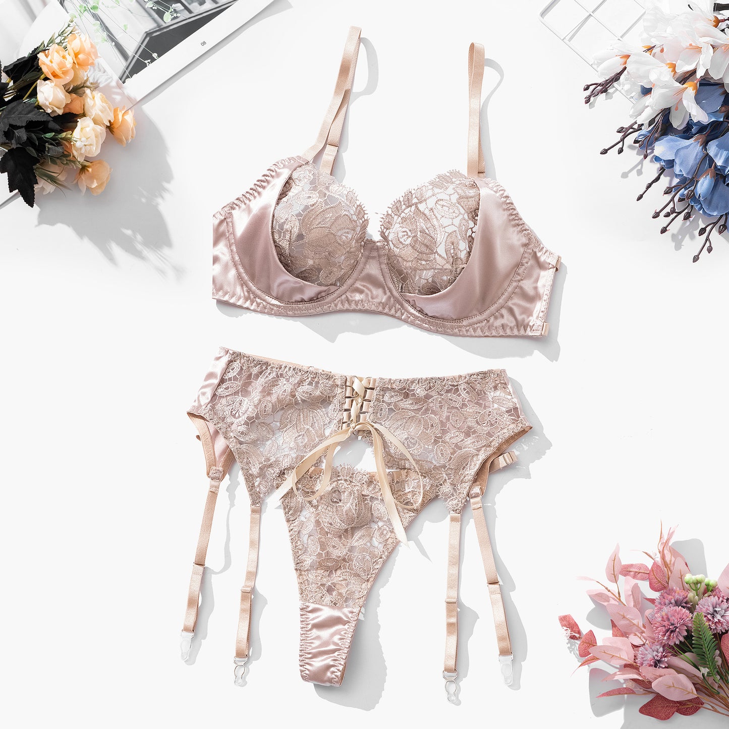 Floral Lace Lingerie Set with Garter Belt