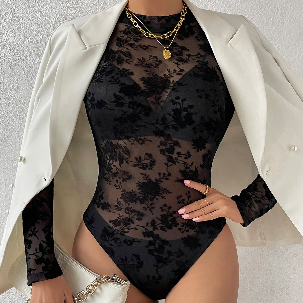 Lace Mesh Flocked Printed Slim Fit Bodysuit