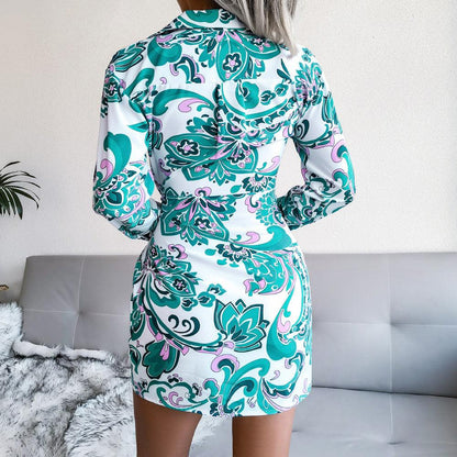 Chic Long-Sleeved Printed Casual Lace-up Shirt Dress - ForVanity dress, Office Dress Office Dress