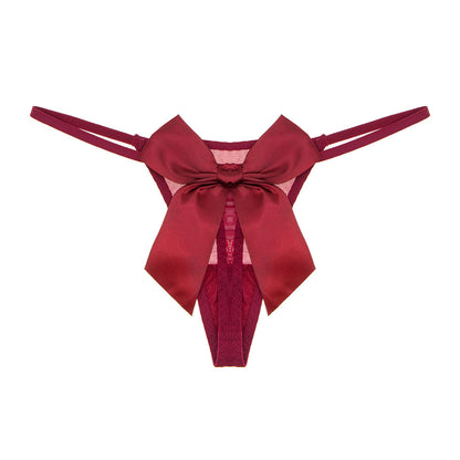 Silk Mesh Transparent T-Shaped Thongs with Bow Accent