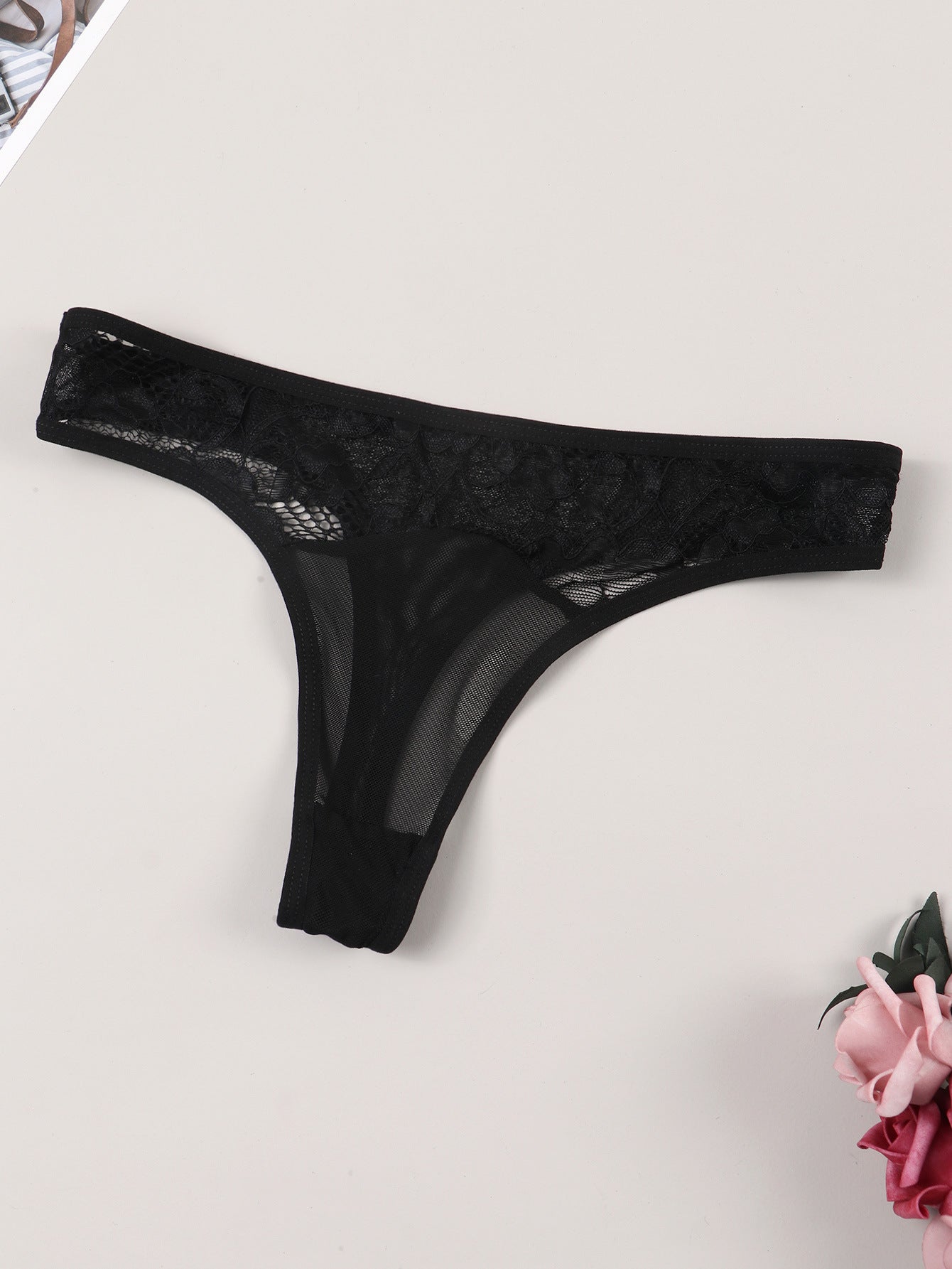 T-Shaped Lace Edge Transparent Thong - Low Rise Nylon Underwear