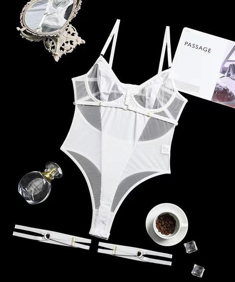 Mesh Stitched Backless Bodysuit - Sleeveless Cutout Design - ForVanity teddy, women's lingerie Teddy