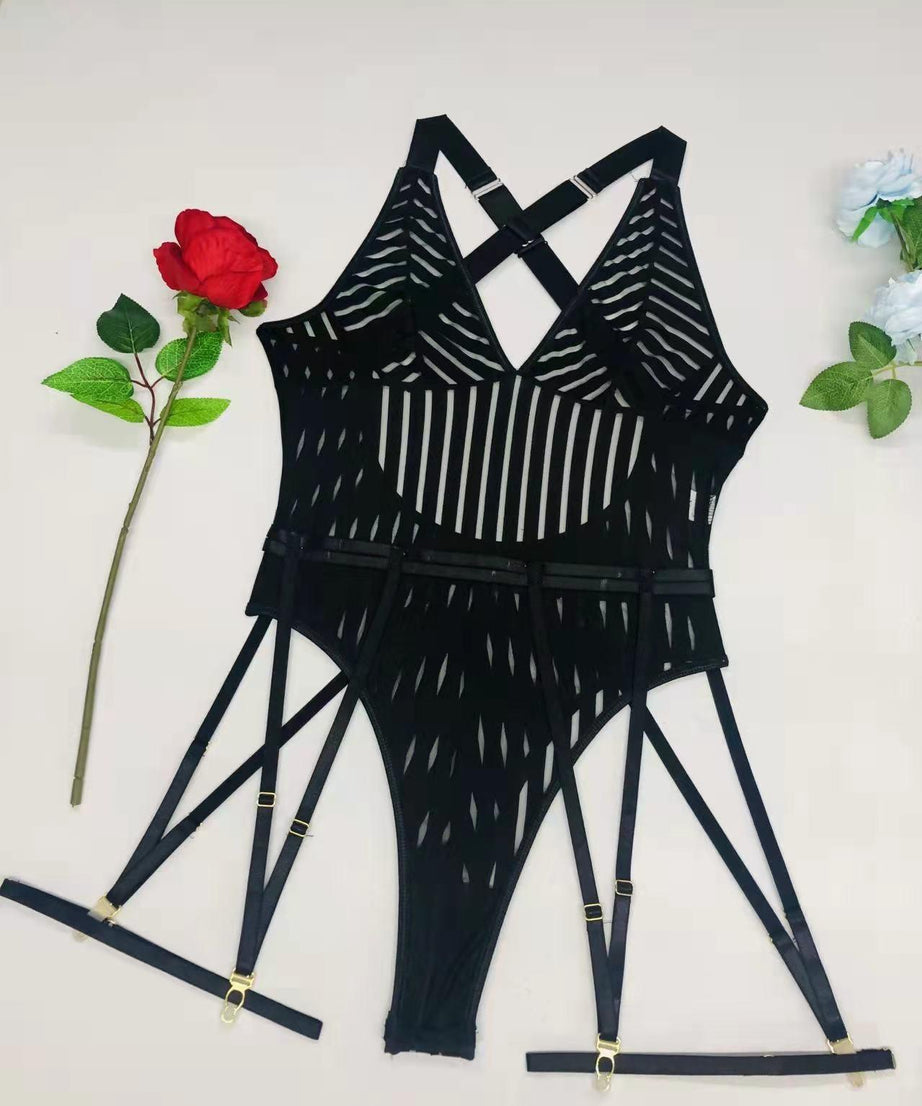 Black Striped Mesh Backless Bodysuit - Cutout Design with Garter Straps - ForVanity teddy, women's lingerie Teddy