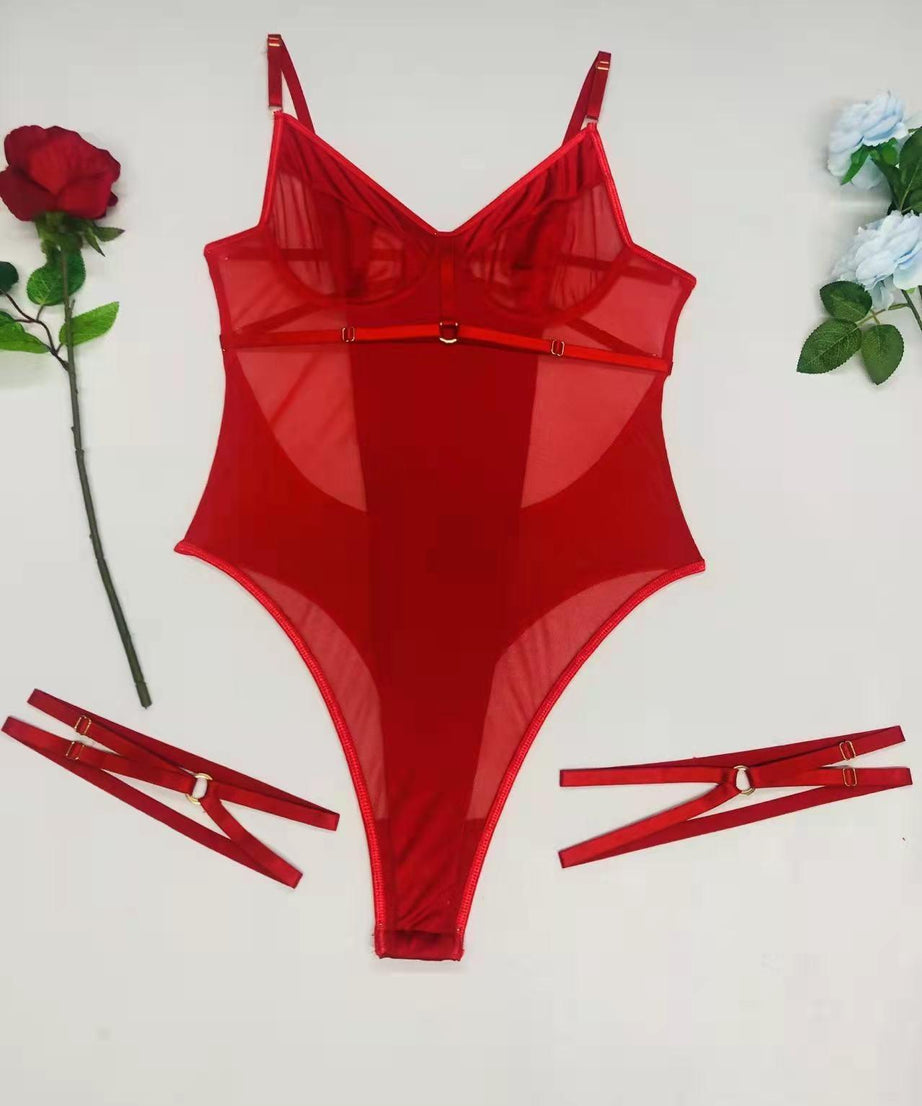 Mesh Stitched Backless Bodysuit - Sleeveless Cutout Design - ForVanity teddy, women's lingerie Teddy