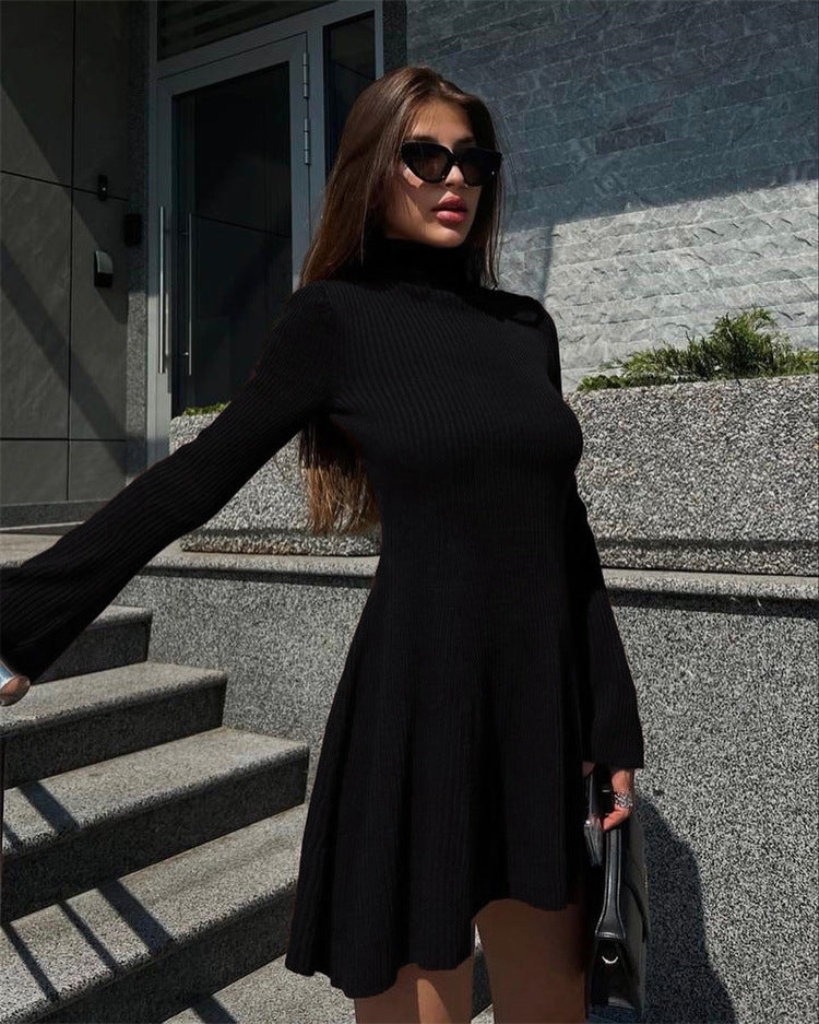 Long Sleeve Knitted Turtleneck Dress Solid Color A line Autumn Winter Hip Wrapped Short Dress