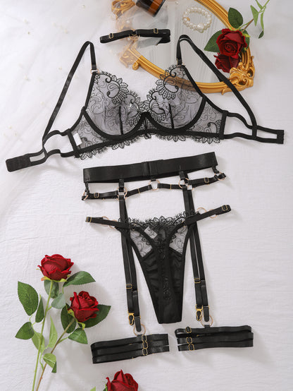 See Through Five-Piece Embroidered Lace Lingerie Set