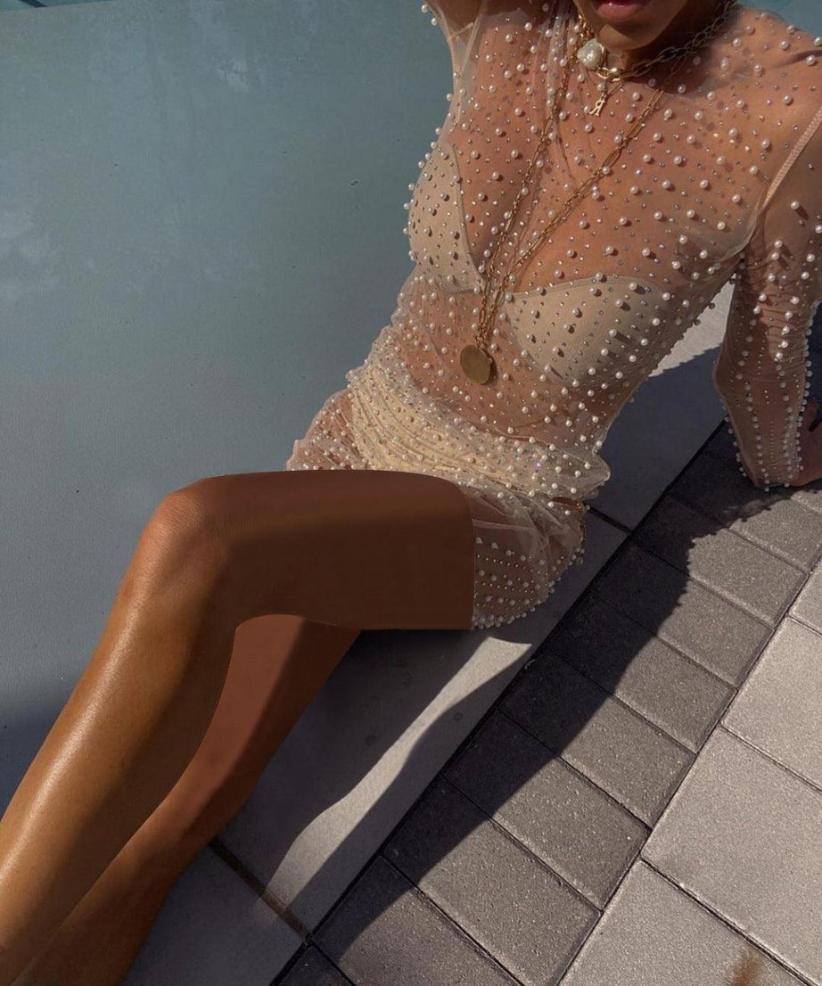 Summer See through Light Diamond Bubble Mesh Long Sleeve Beach Dress - ForVanity dress, Vacation Dress Vacation Dress