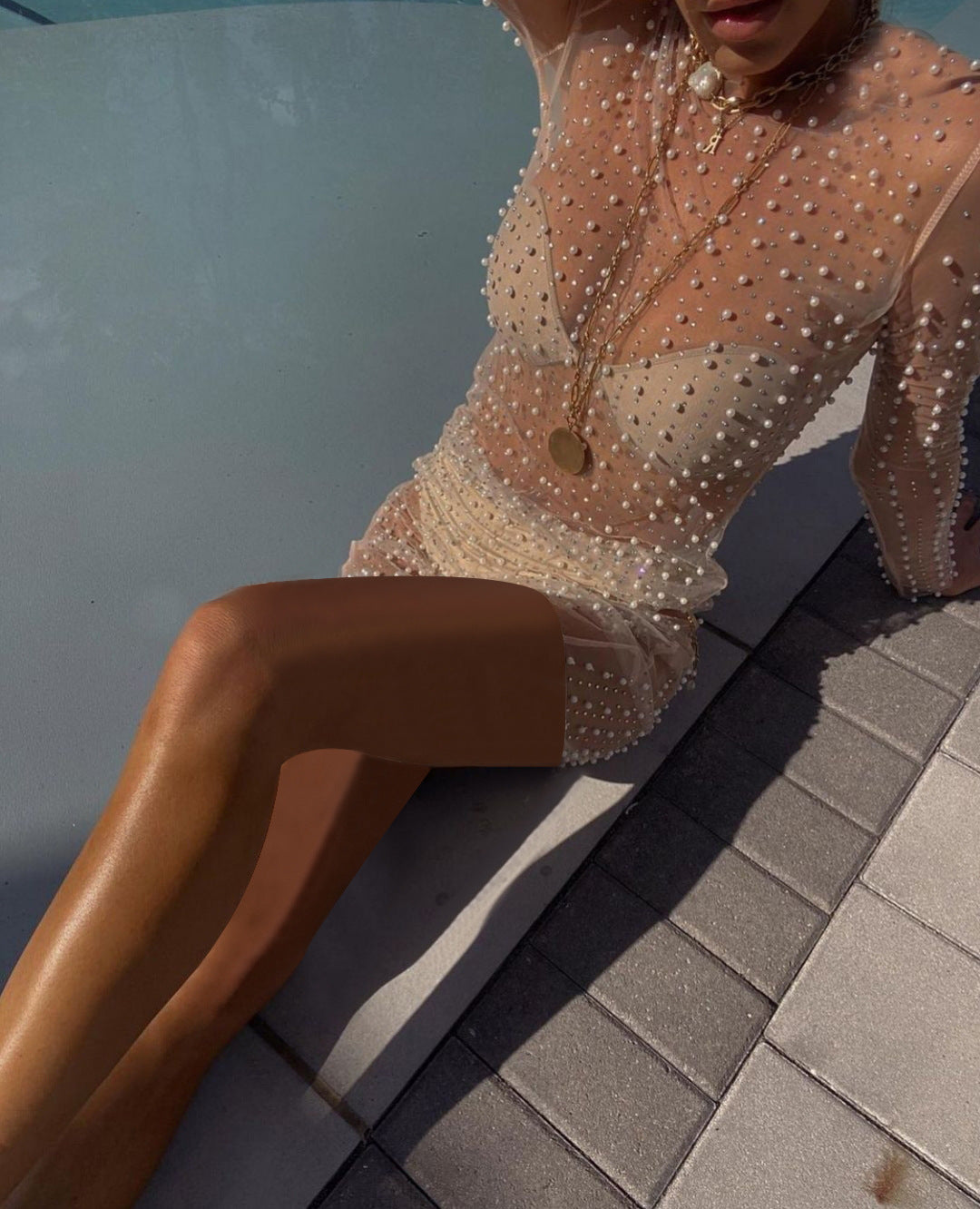 Summer See through Light Diamond Bubble Mesh Long Sleeve Beach Dress