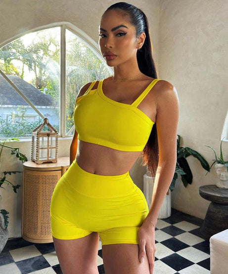 Women Summer Solid Color Sling Slim Fit Fitness Shorts Outfit - ForVanity 