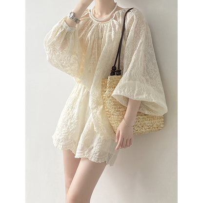 Women Summer Elegant Embroidery Top Shorts Outfit