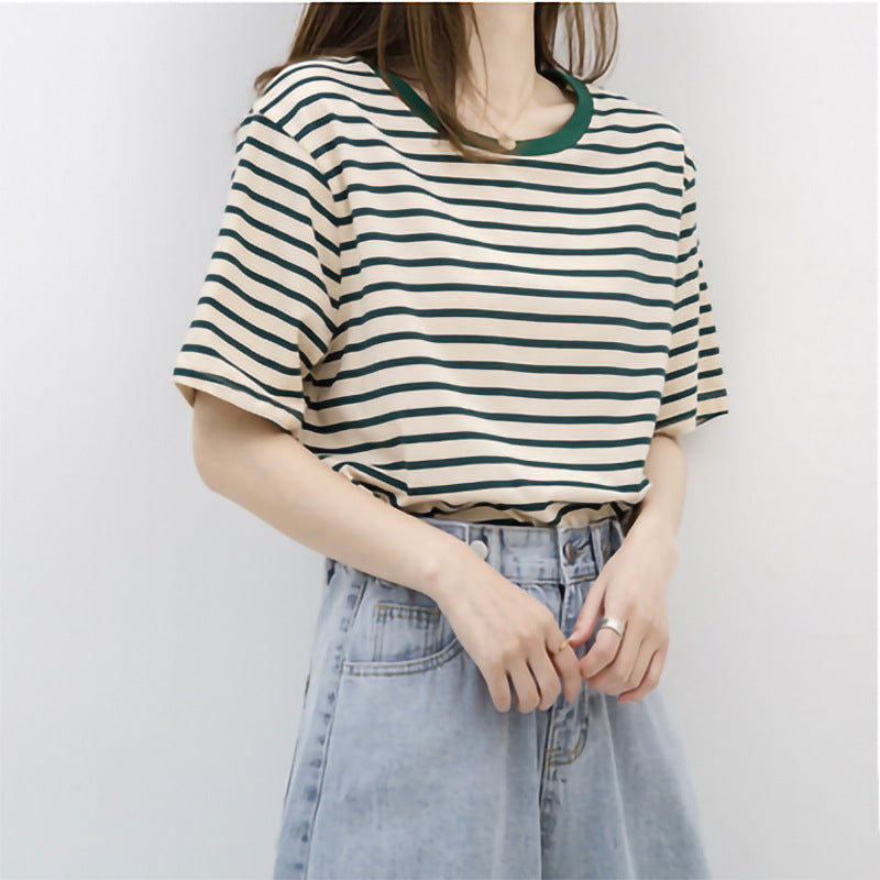 Summer Thin Loose Cotton Green Striped T shirt