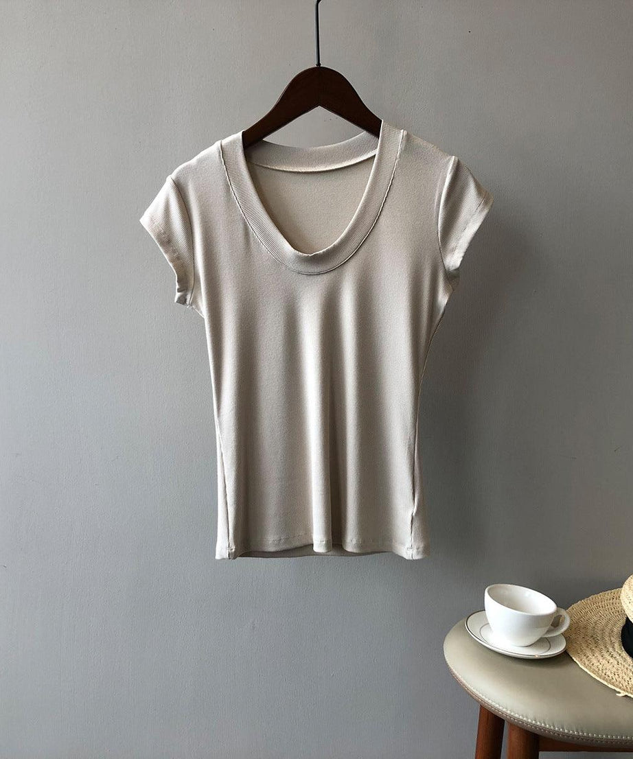 Summer Casual Slim Fit Solid Color Short Sleeve Women's T-Shirt - ForVanity women's clothing, women's t-shirts T-Shirts