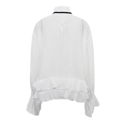 Women’s Sheer Bell Sleeve Blouse with Stand Collar