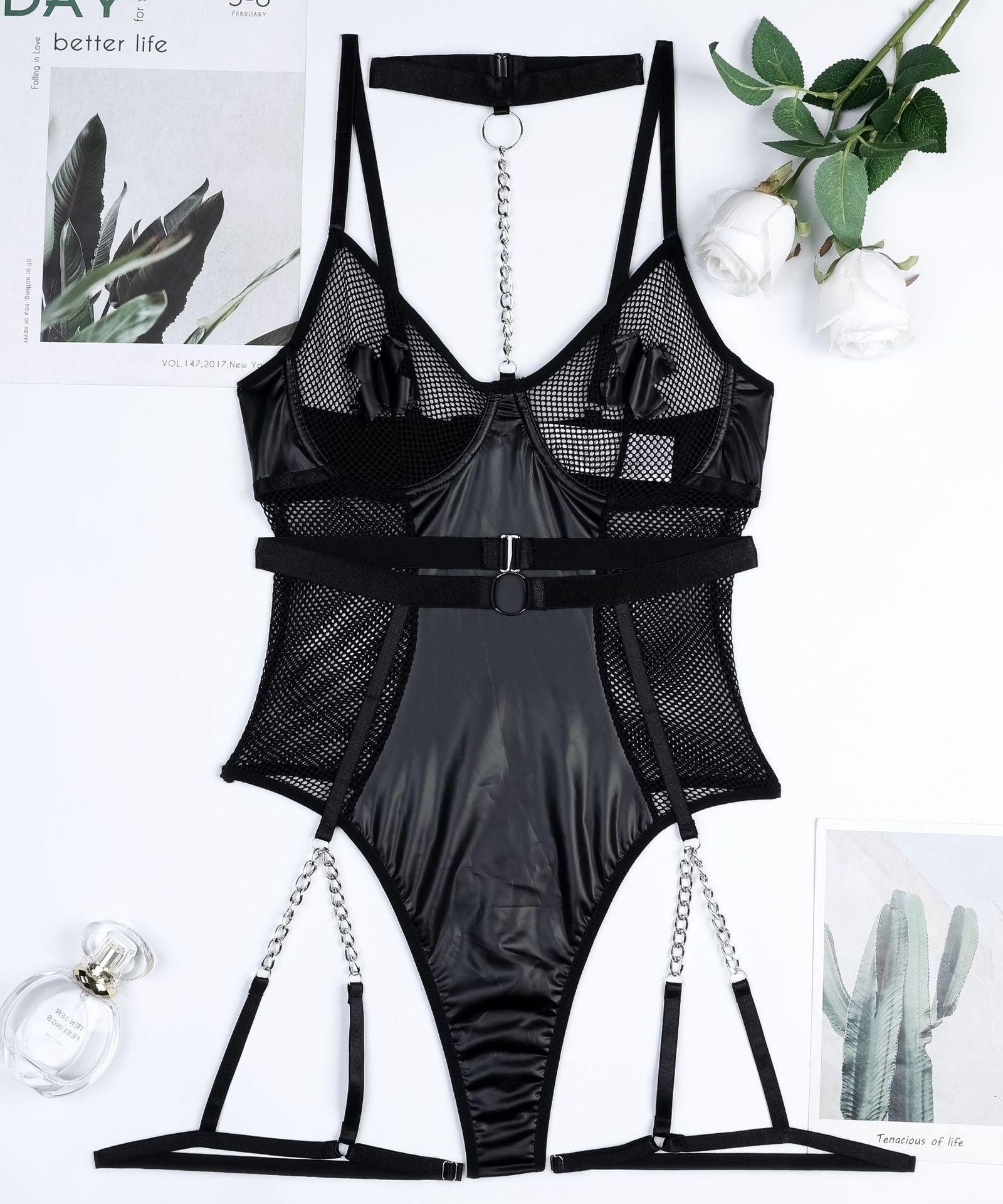 Edgy Faux Leather Bodysuit with Chain Details - ForVanity teddy, women's lingerie Bodysuits
