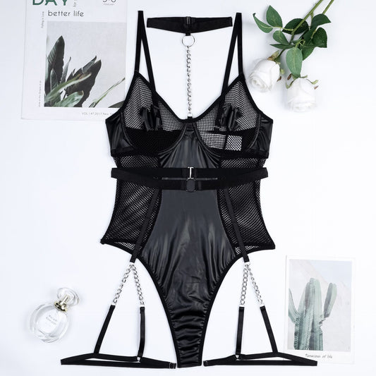 Edgy Faux Leather Bodysuit with Chain Details - ForVanity teddy, women's lingerie Bodysuits