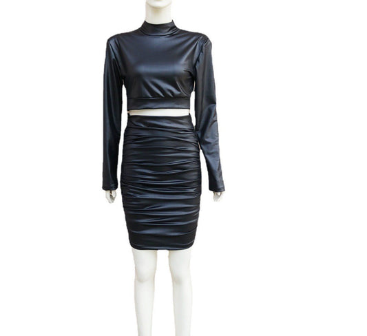 Turtleneck Long Sleeve Two-Piece Suit: Edgy Faux Leather Elegance