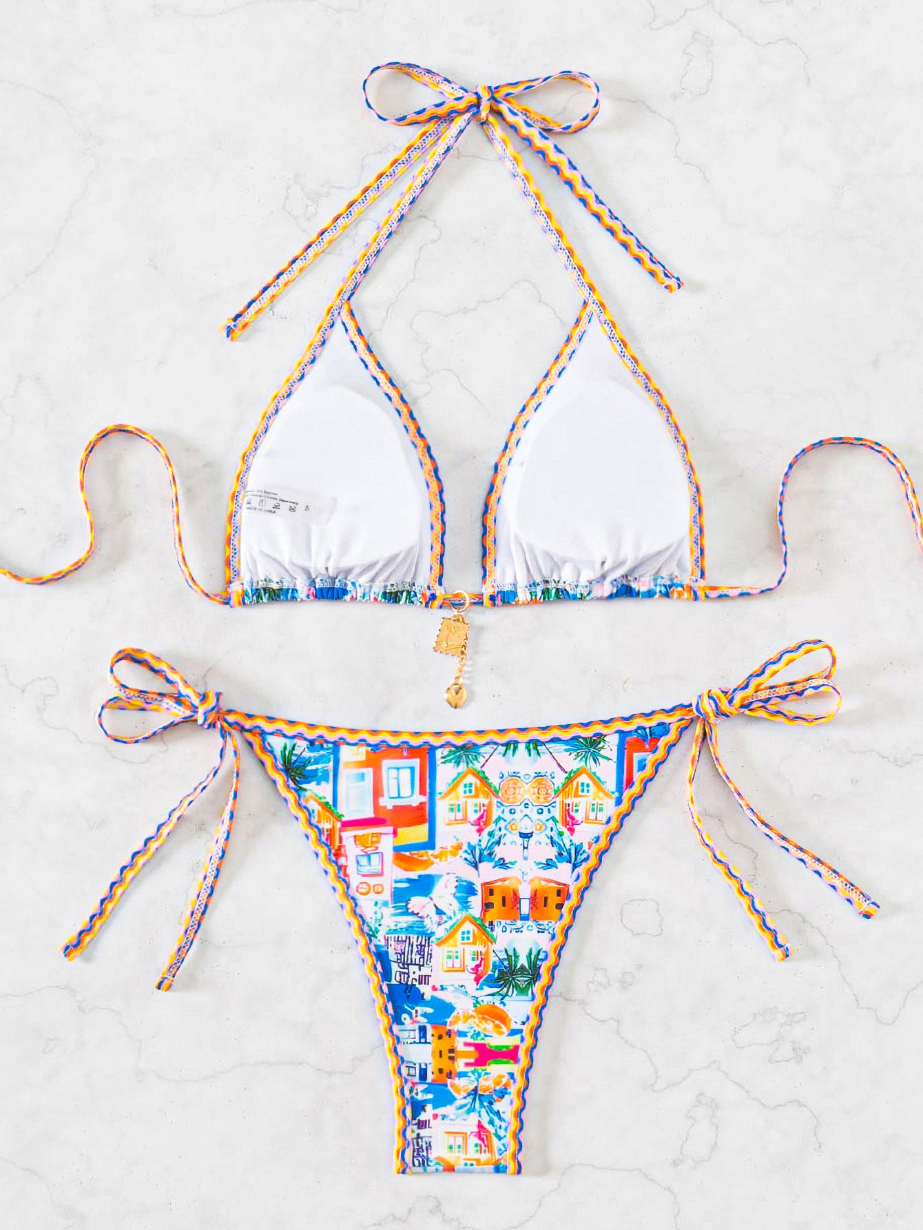 Printed Embellished Triangle Cup Bikini Swimsuit