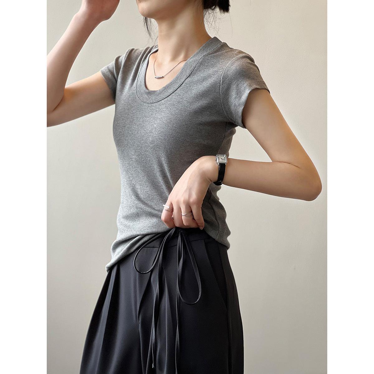 Summer Casual Slim Fit Solid Color Short Sleeve Women's T-Shirt - ForVanity women's clothing, women's t-shirts T-Shirts