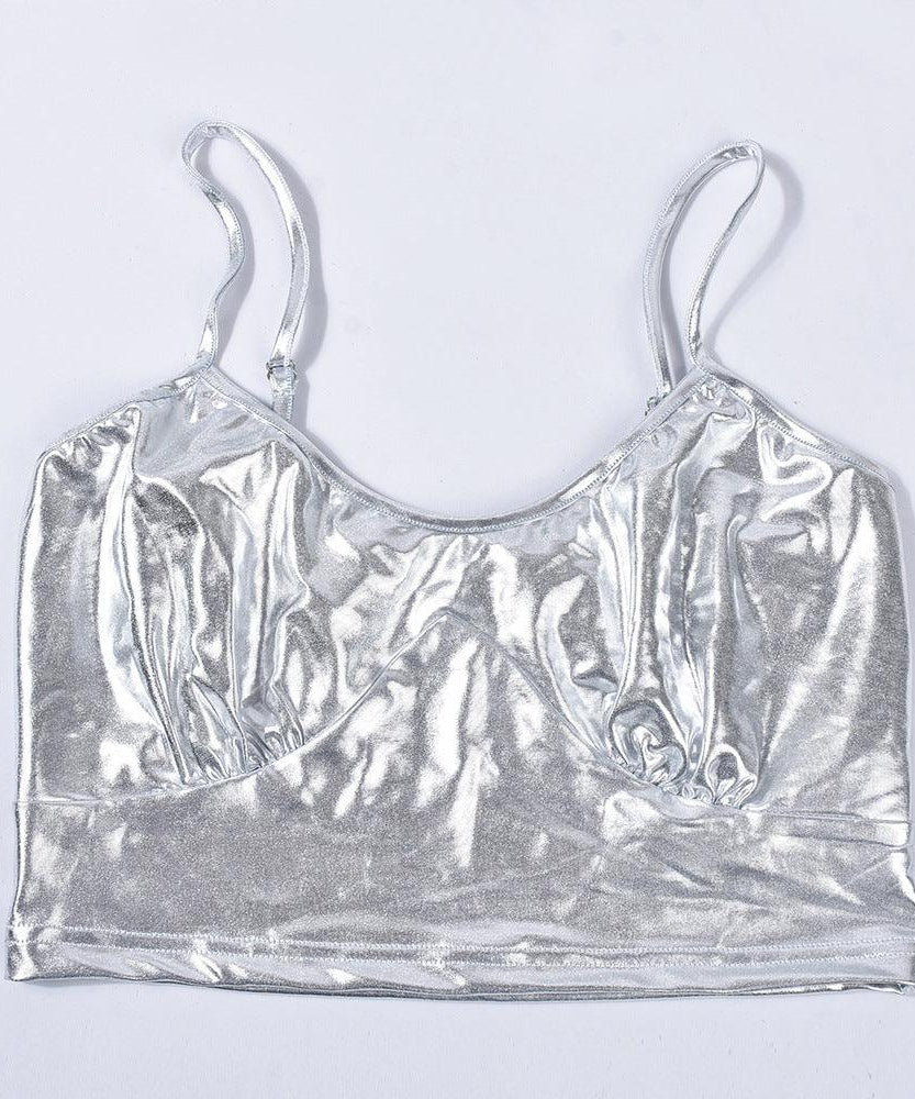 Two Piece Metallic Glossy Pleated Outfit - ForVanity pant outfit, women's outfits Pants Outfits