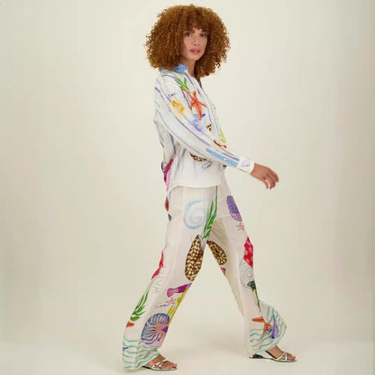 Satin Printed Personalized Graffiti Casual Shirt Trousers Outfit