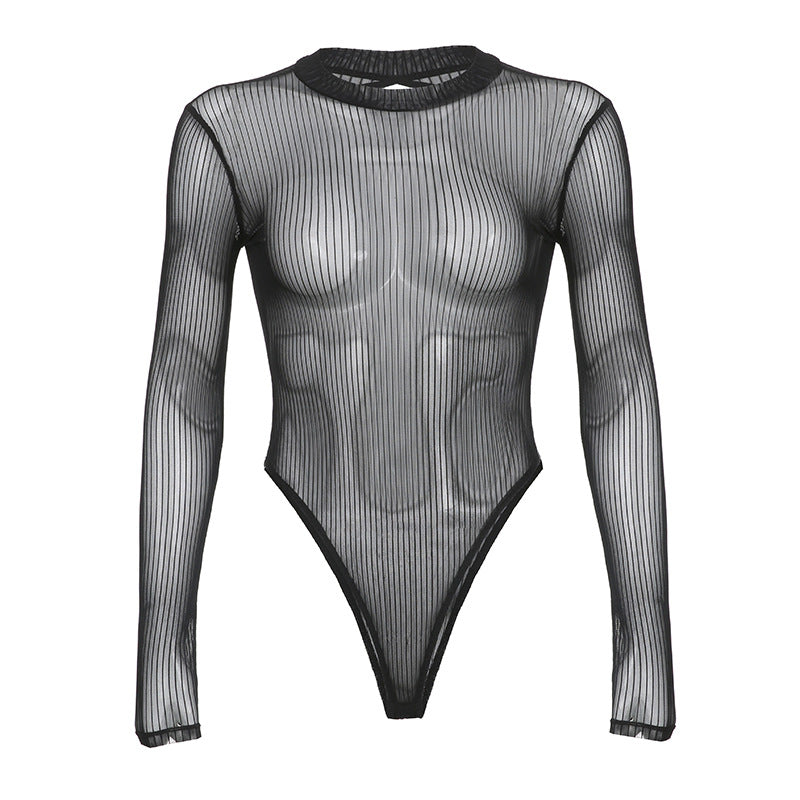 See Through Long Sleeve Half Turtleneck Backless Bodysuit
