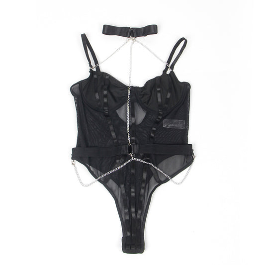 Mesh Bodysuit with Metal Chain Straps and Cutouts