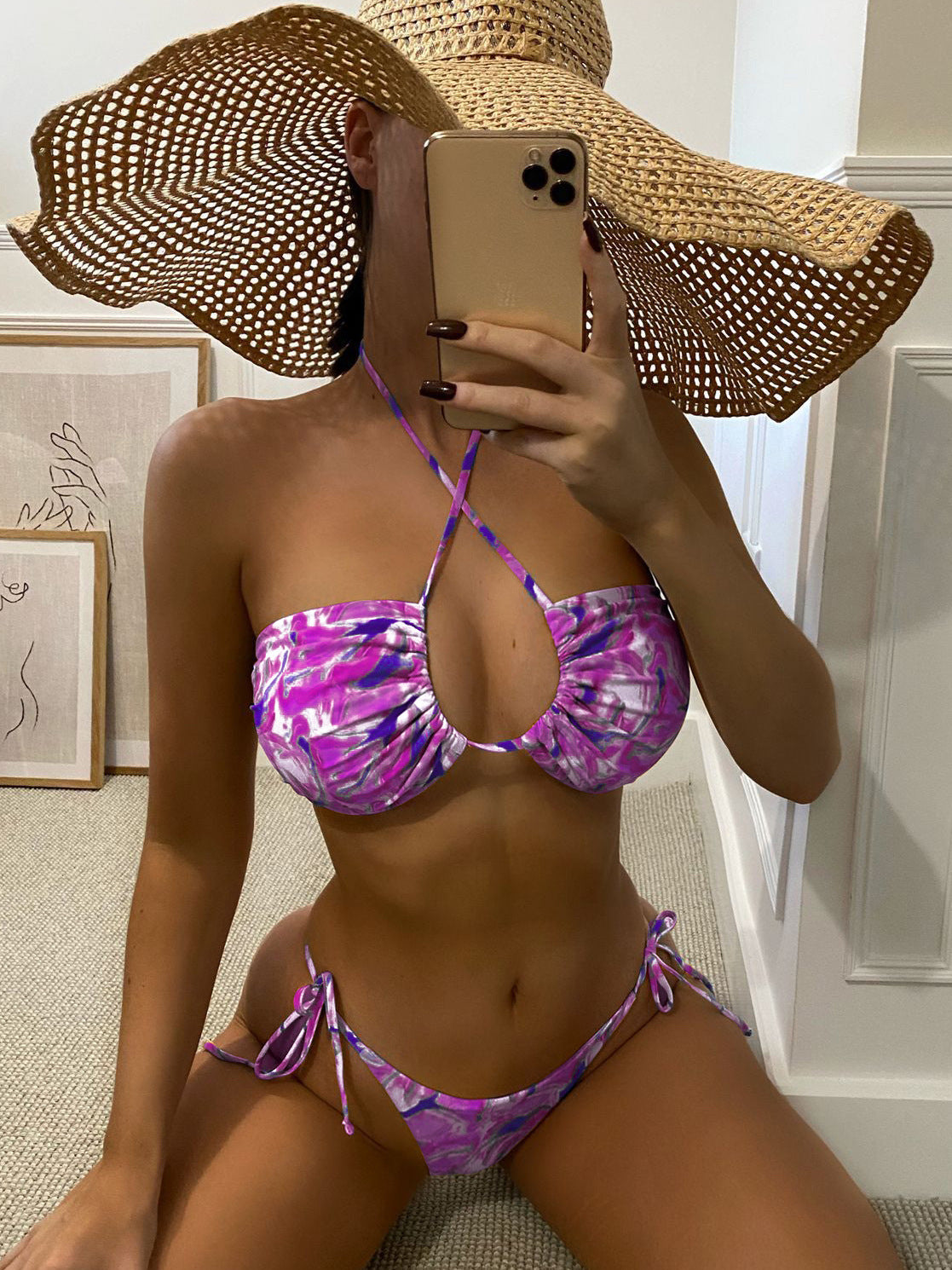 Sexy Printed Bikini Hollow Out Cutout Halter Swimsuit