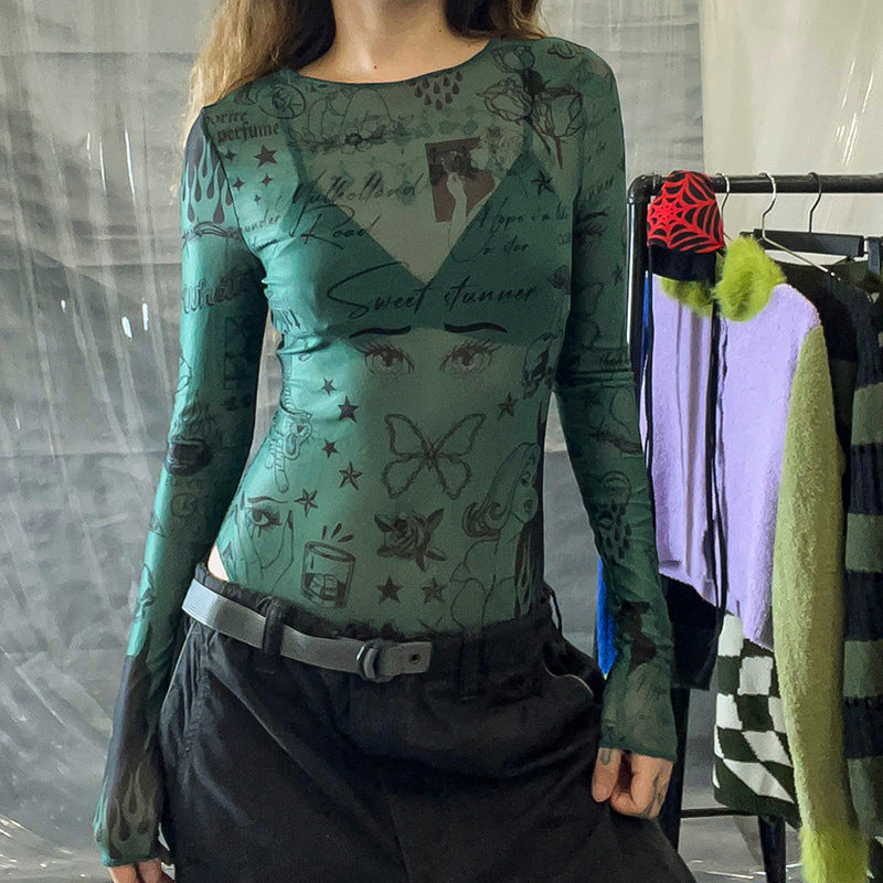 Retro Printed Mesh Transparent Bodysuit