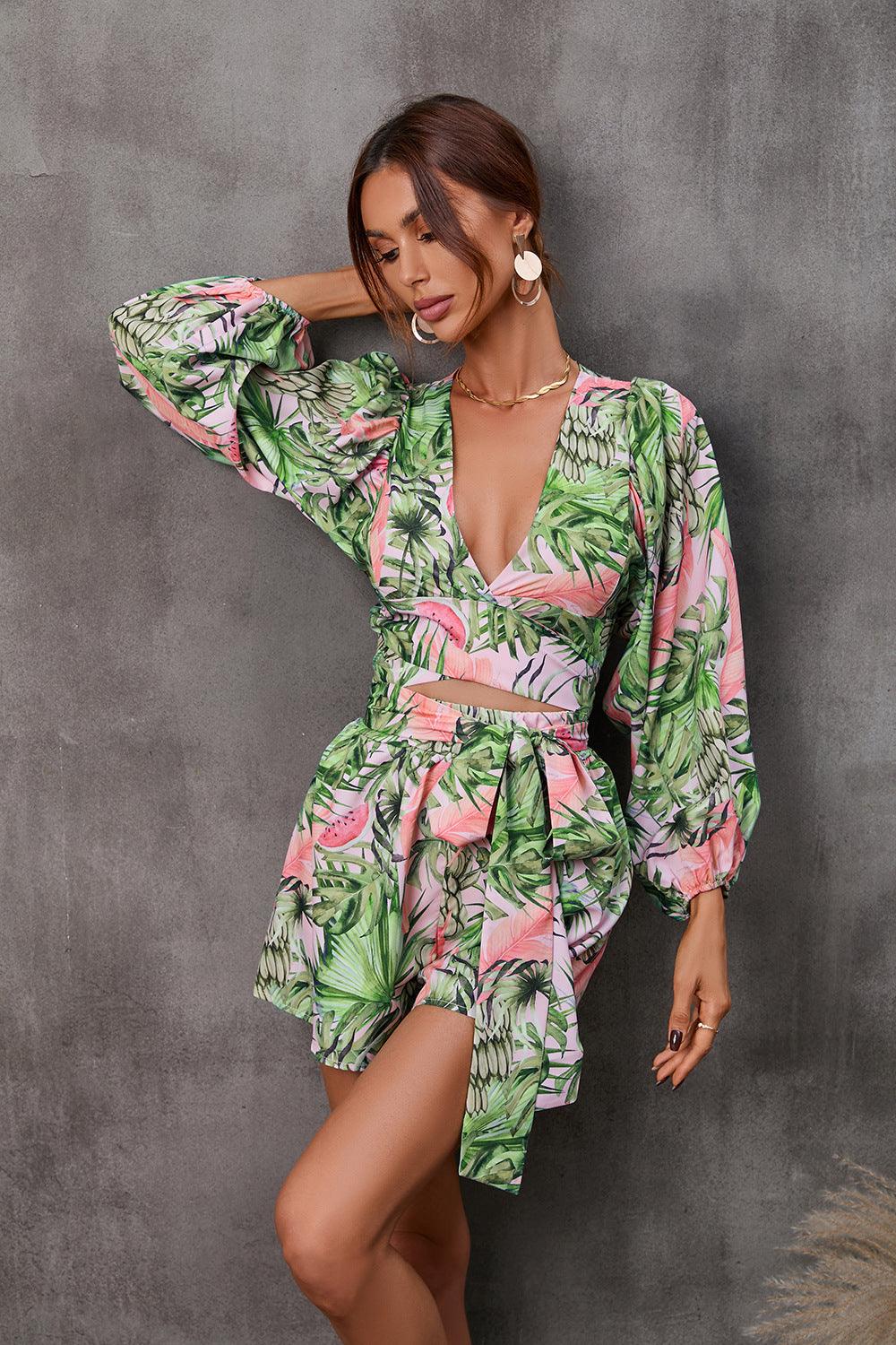 Tropical Printing Long Sleeve Outfit for Women - Loose Fit with Belted Waist - ForVanity short outfit, women's outfits Shorts Outfits