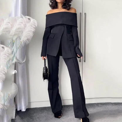 Women’s Off Shoulder Trousers Two-Piece Suit - Elegant Office Style - ForVanity women's clothing, women's outfits, women's suits Pant Suits