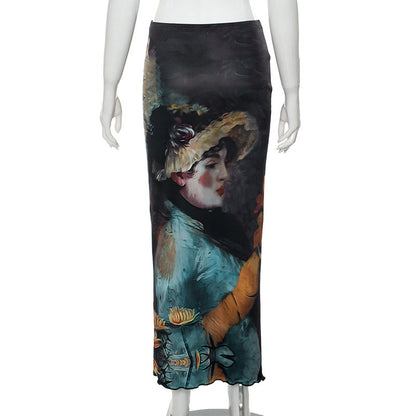 Print Design Transparent Cropped Top Long Skirt Outfit