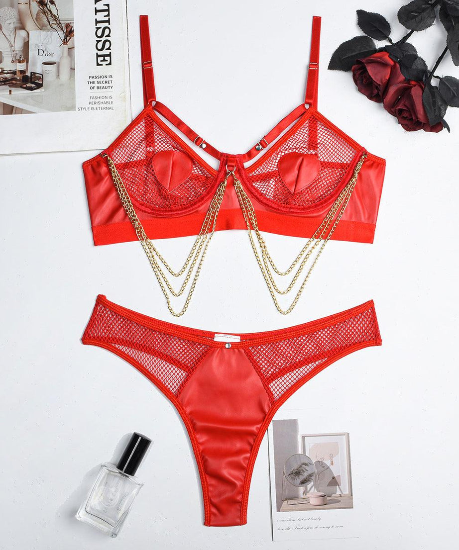 Edgy Metal Chain Grid Stitching Faux Leather Lingerie Set - ForVanity lingerie, women's lingerie Lingerie
