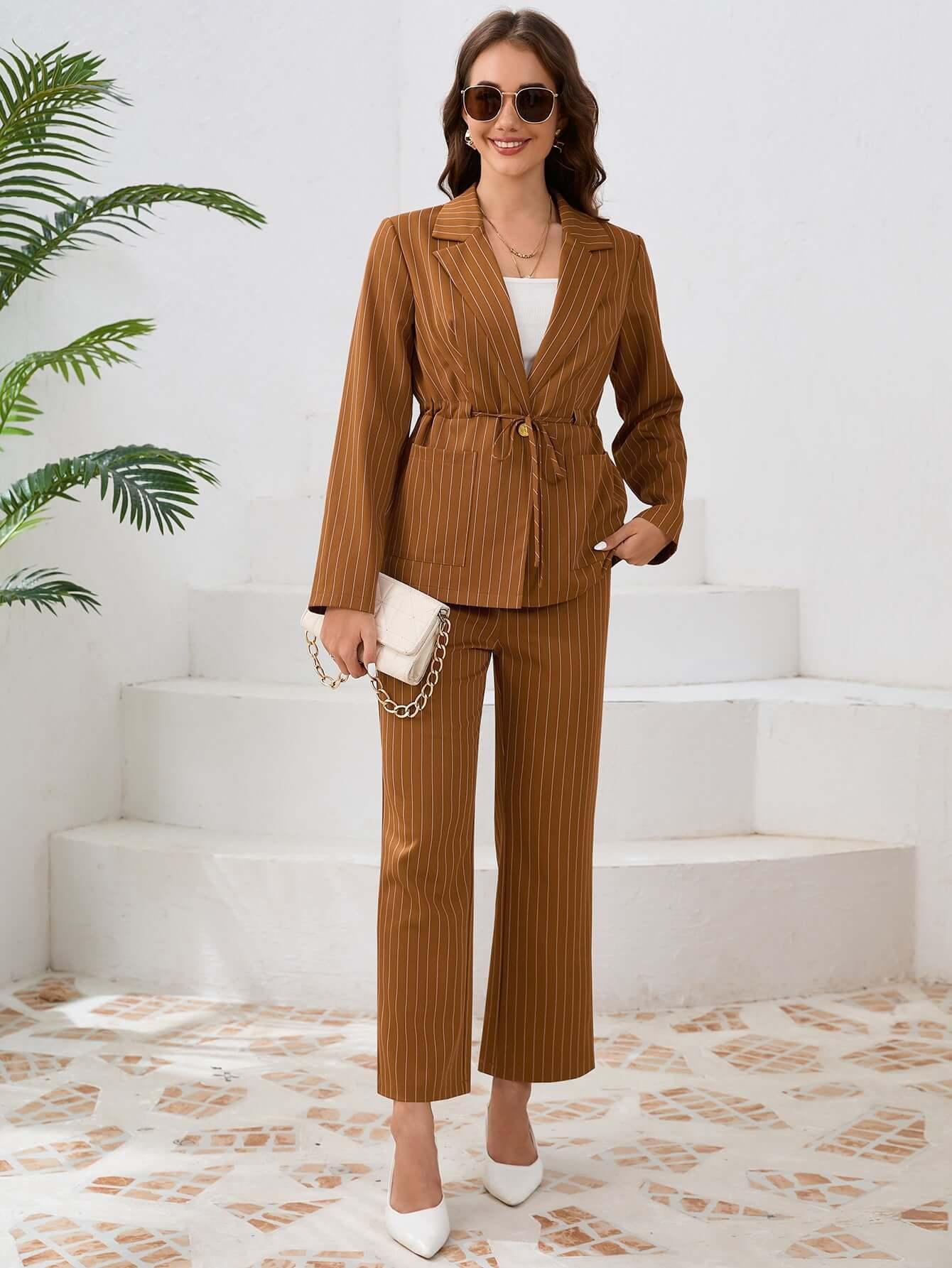 Women’s Striped Blazer & Straight Leg Trousers - Office Two-Piece Set - ForVanity women's clothing, women's outfits, women's suits Pant Suits