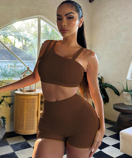 Women Summer Solid Color Sling Slim Fit Fitness Shorts Outfit - ForVanity 