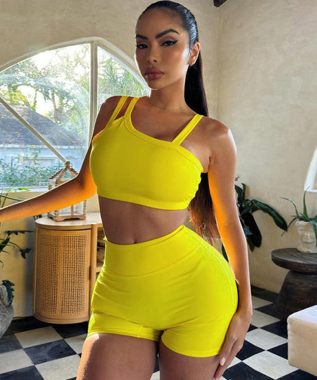 Women Summer Solid Color Sling Slim Fit Fitness Shorts Outfit - ForVanity 